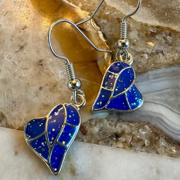 None Jewelry - 3187 Artistic Blue Heart Earrings with Silver Accents